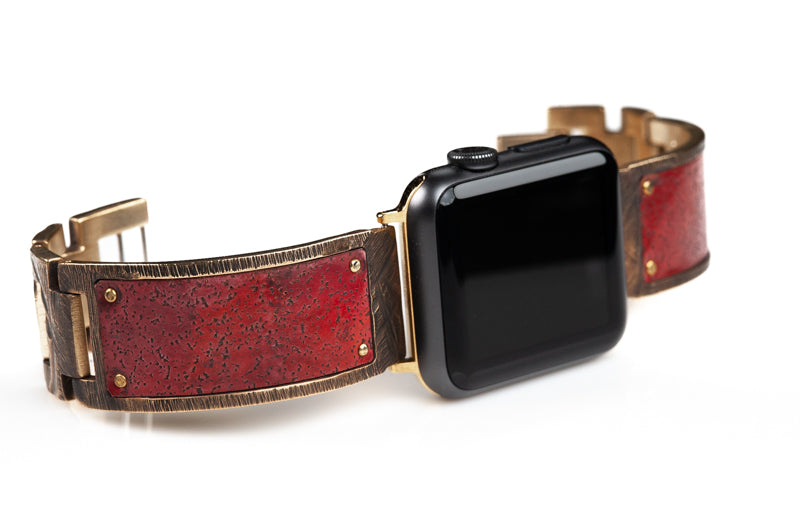 Viola Apple Watch band in textured red copper, facing right.