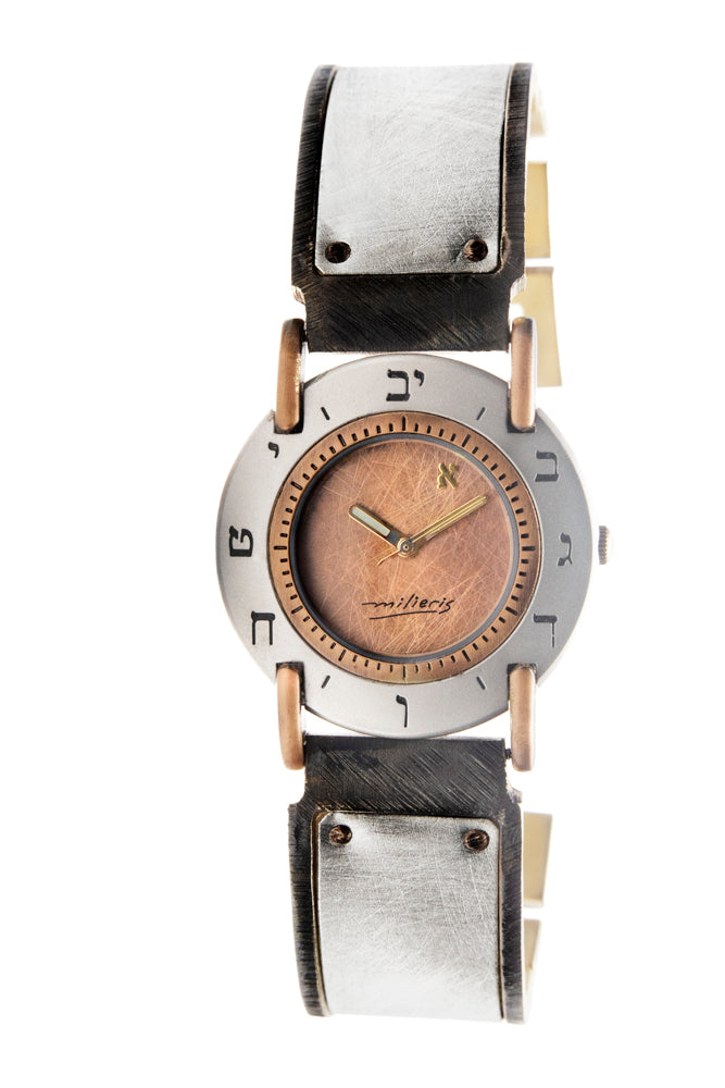 Overhead view of a round 34mm sterling silver watch with a copper dial and Hebrew hour markers - ALEPH Luna