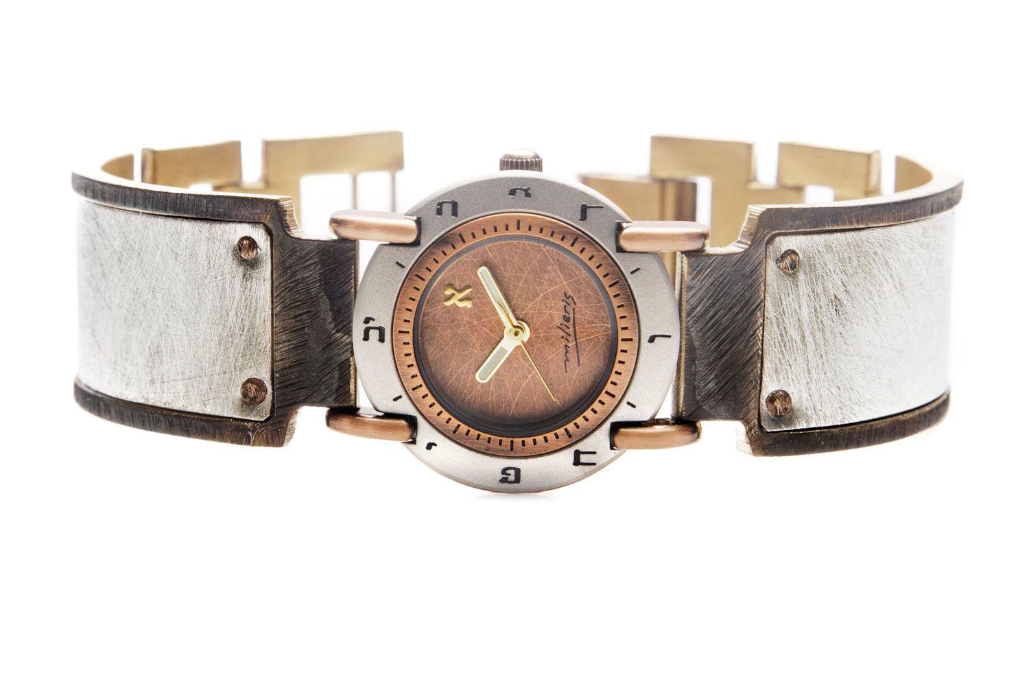 Unique sterling silver watch with brushed copper dial, Hebrew numerals, and wide brass band trimmed in sterling silver – ALEPH Luna.