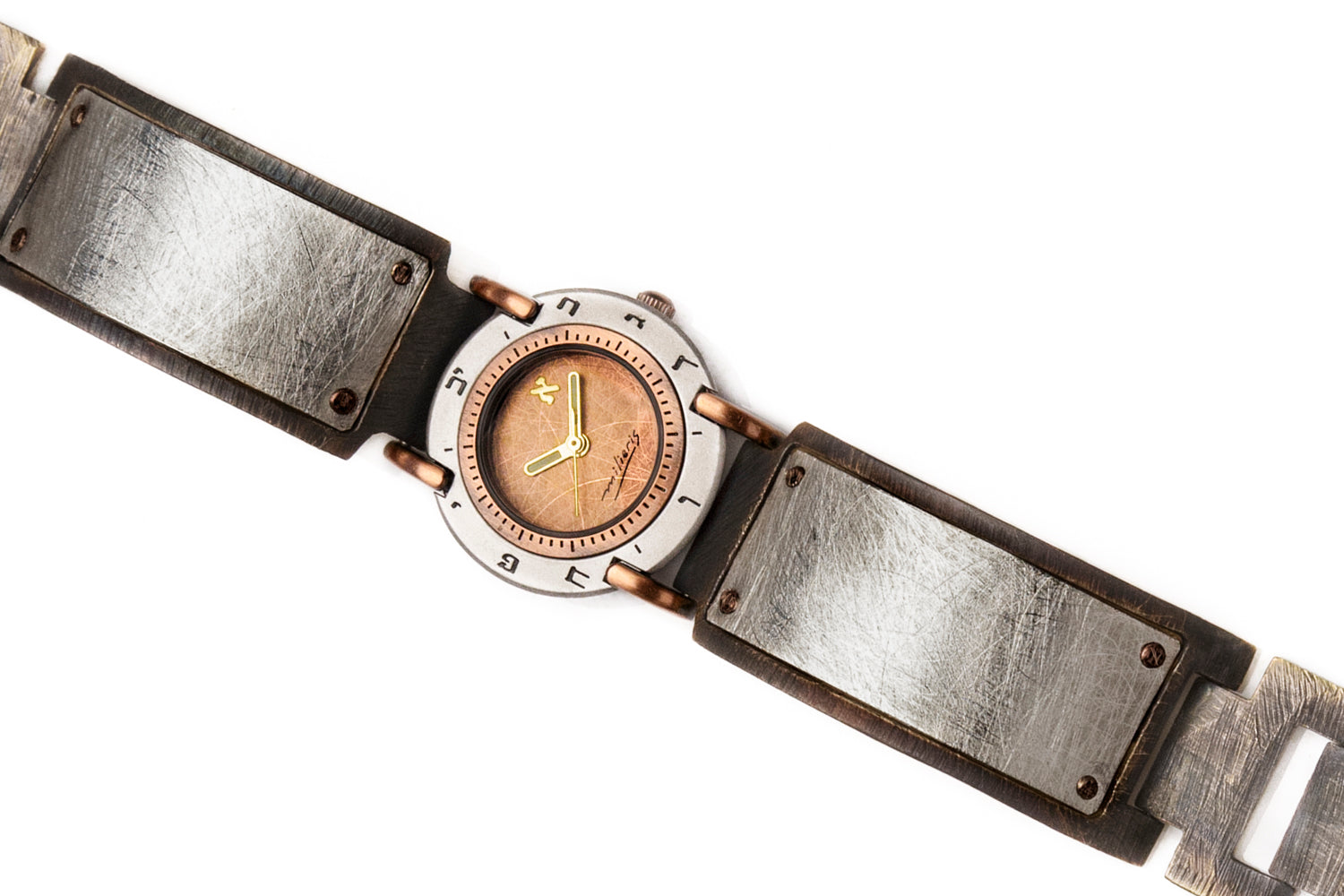 Angled view showing brushed copper dial and wide sterling silver-trimmed band on a unique sterling silver watch – ALEPH Luna.