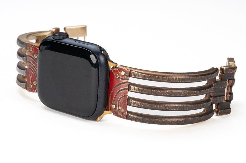 Jaffa Bridge Apple Watch band with Red Copper. A heavy-duty, solid brass, forked band trimmed with contrasting copper spirals.