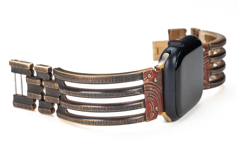 Jaffa Bridge Apple Watch band with Red Copper. A heavy-duty, solid brass, forked band trimmed with contrasting copper spirals.