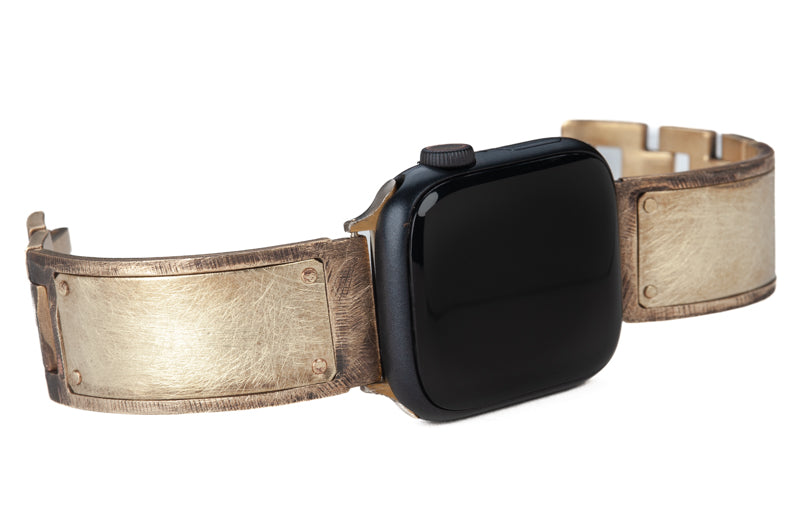 Simple, stylish, brushed copper band - Luna Apple Watch band in Brass facing right.
