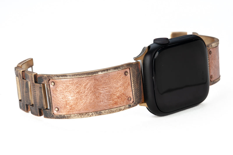 Simple, stylish, brushed copper band - Luna Apple Watch band in Copper facing right.
