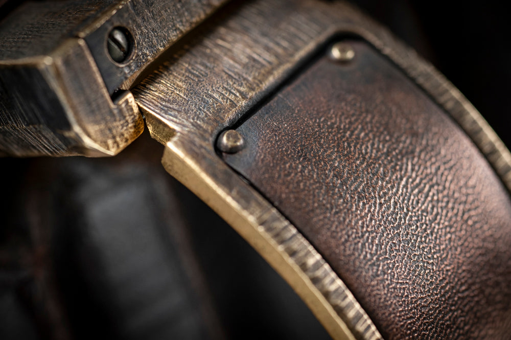 Close up of the patina on the oxidized copper watch band. 