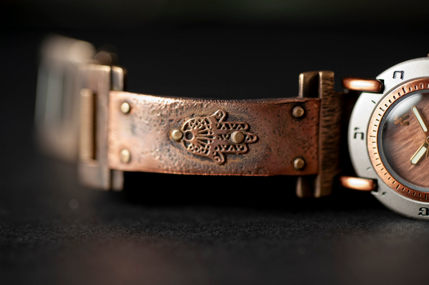 Handcrafted copper watch band with riveted Hamsa symbols for protection and luck – ALEPH Hamsa