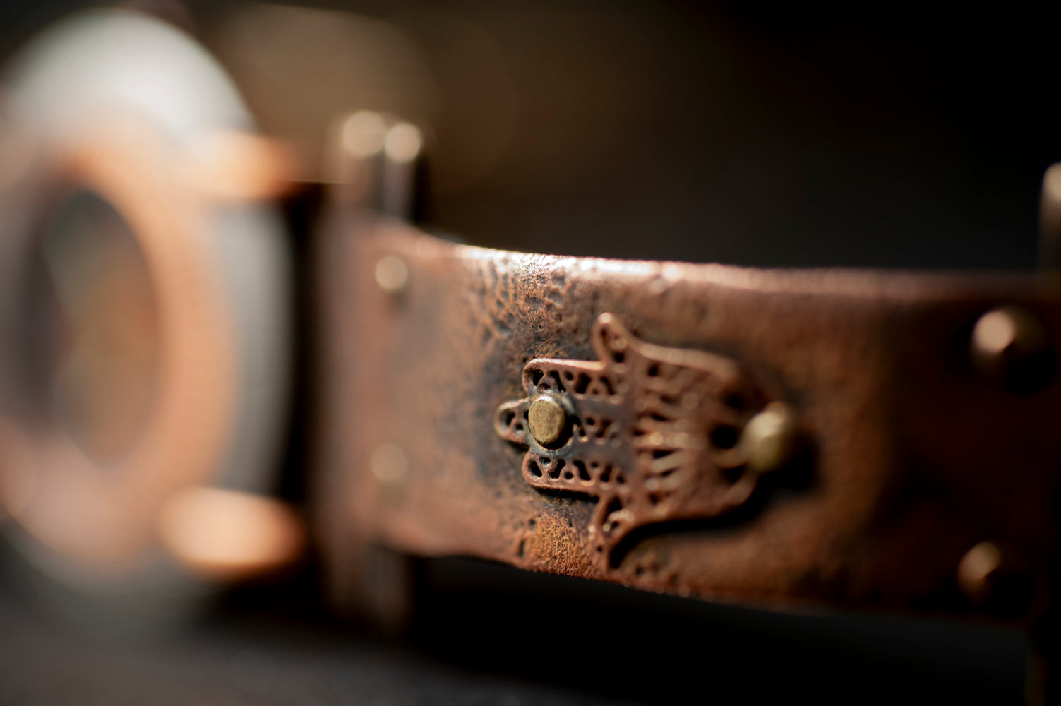 Handcrafted copper watch band with riveted Hamsa symbols for protection and luck – ALEPH Hamsa