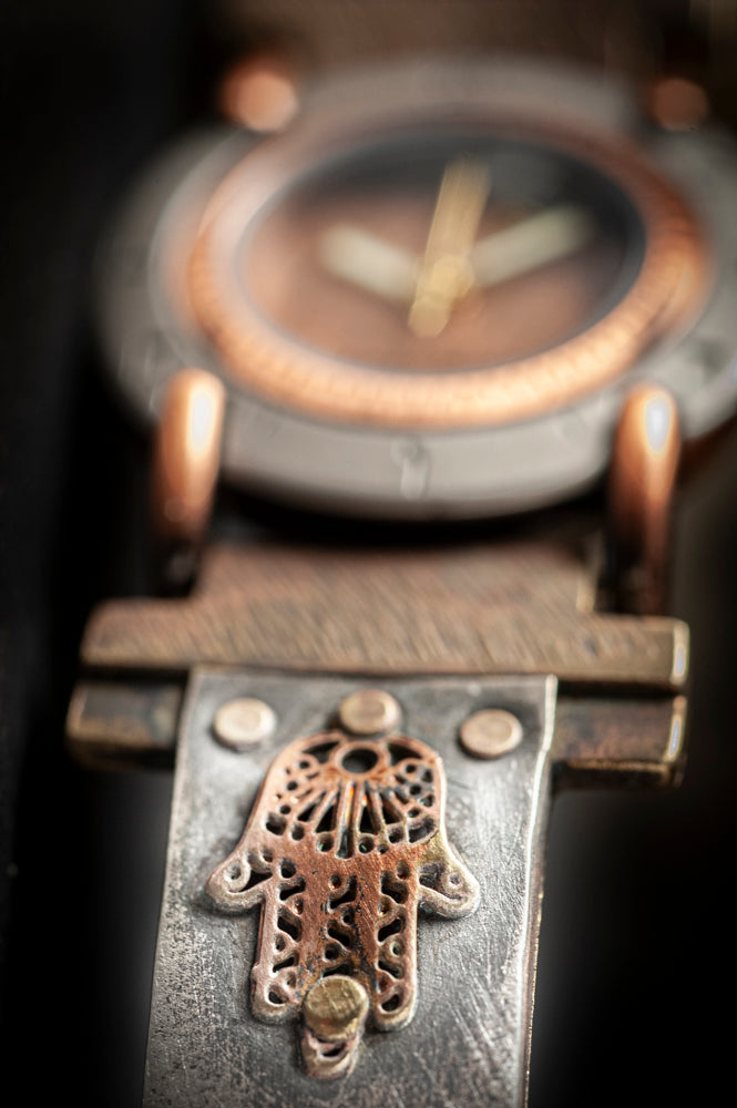 Close-up of sculptural Hamsa talisman on narrow silver band – ALEPH Hamsa