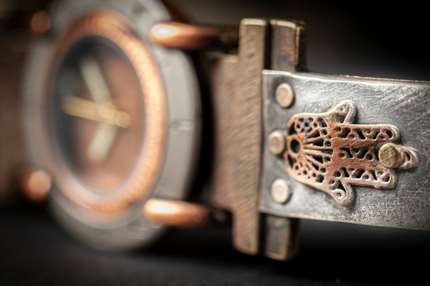 Close-up of sculptural Hamsa talisman on sterling silver watch band – ALEPH Hamsa