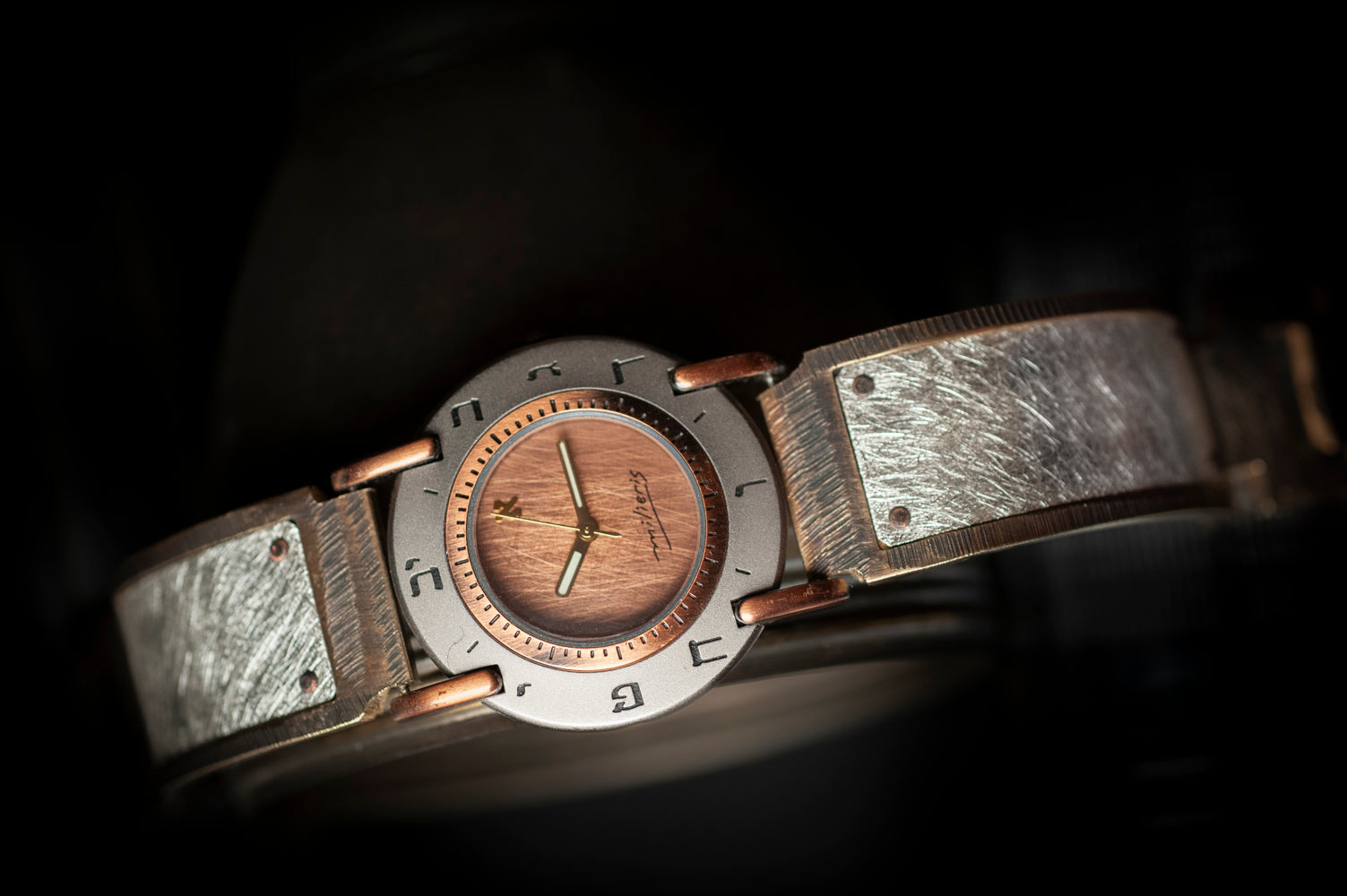 Angled view of classic sterling silver band on a minimalist, modern Judaica-inspired watch - ALEPH Luna