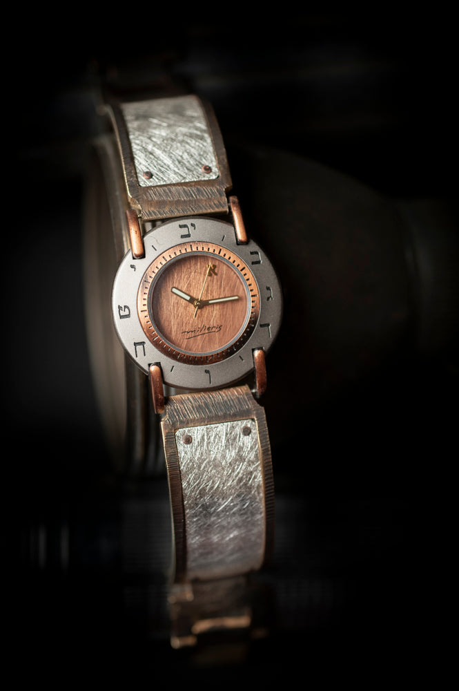 Classic design, sterling silver band on a minimalist, modern Judaica-inspired watch - ALEPH Luna