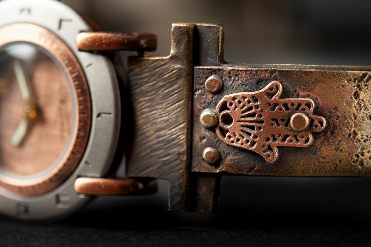 Hamsa talisman riveted to narrow brass band on handcrafted watch – ALEPH Hamsa