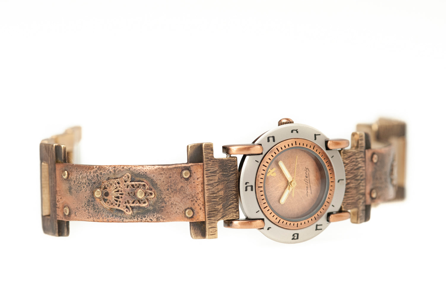 Handcrafted copper watch with brushed copper dial and Hebrew numerals – ALEPH Hamsa by WATCHCRAFT