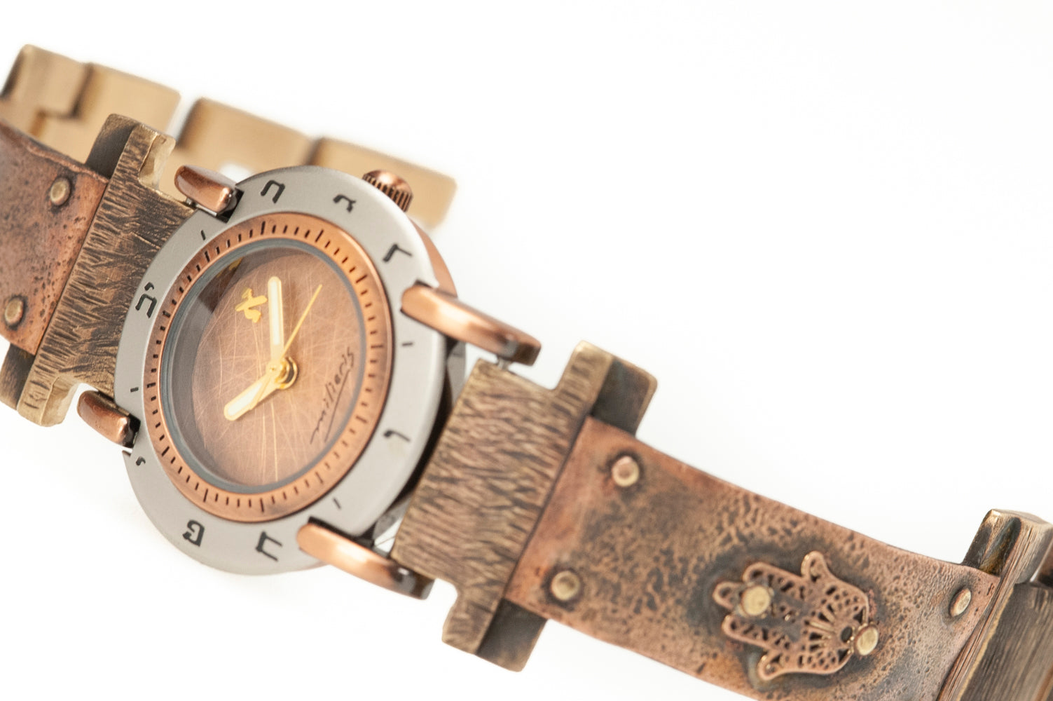 Handcrafted copper watch band with riveted Hamsa symbols for protection and luck – ALEPH Hamsa