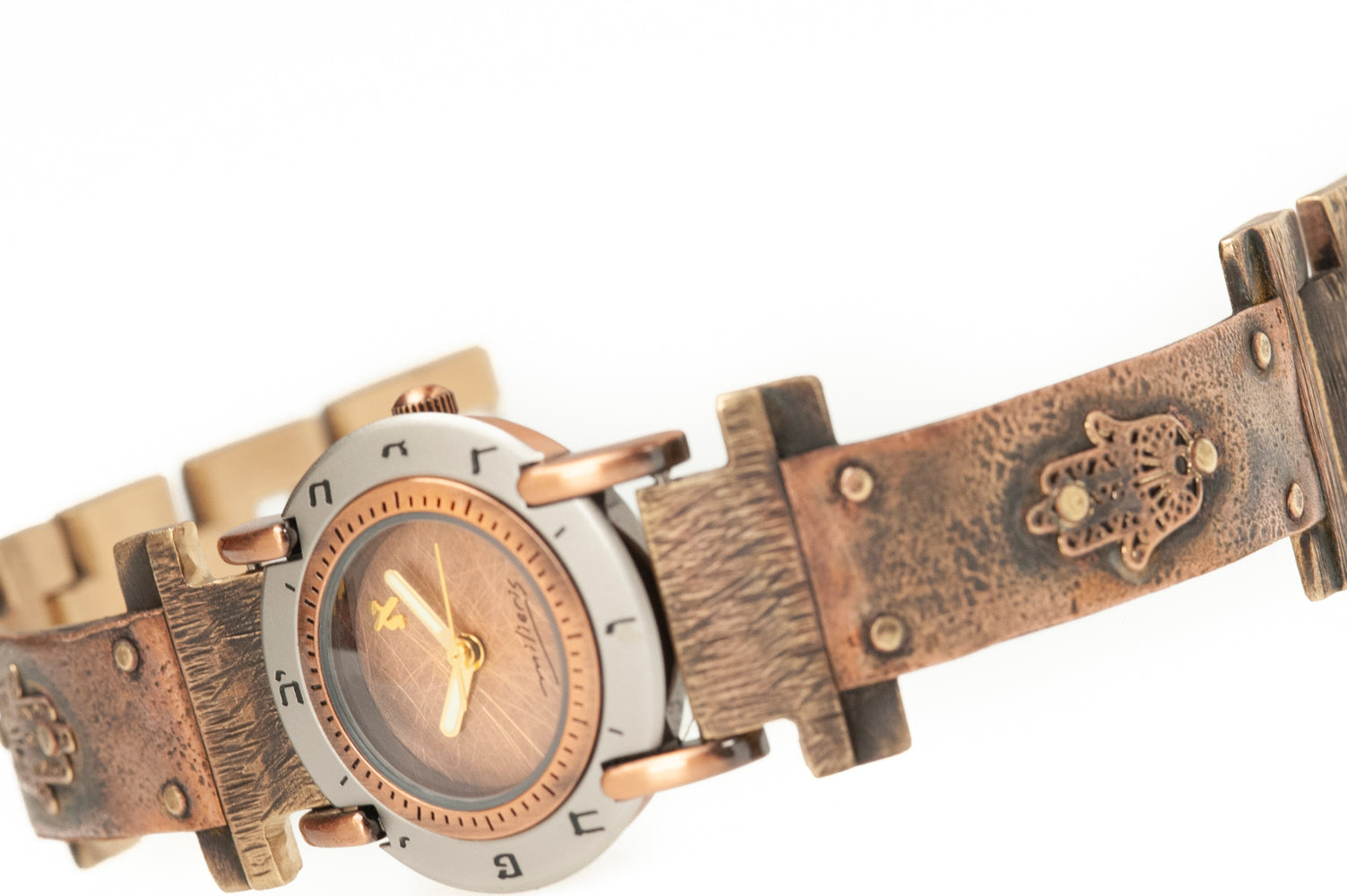 Handcrafted copper watch band with riveted Hamsa symbols for protection and luck – ALEPH Hamsa