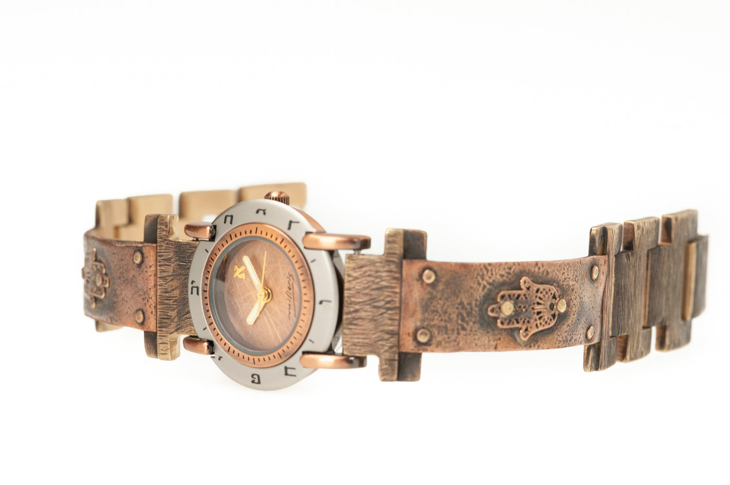 Handcrafted copper watch with brushed copper dial and Hebrew numerals – ALEPH Hamsa by WATCHCRAFT