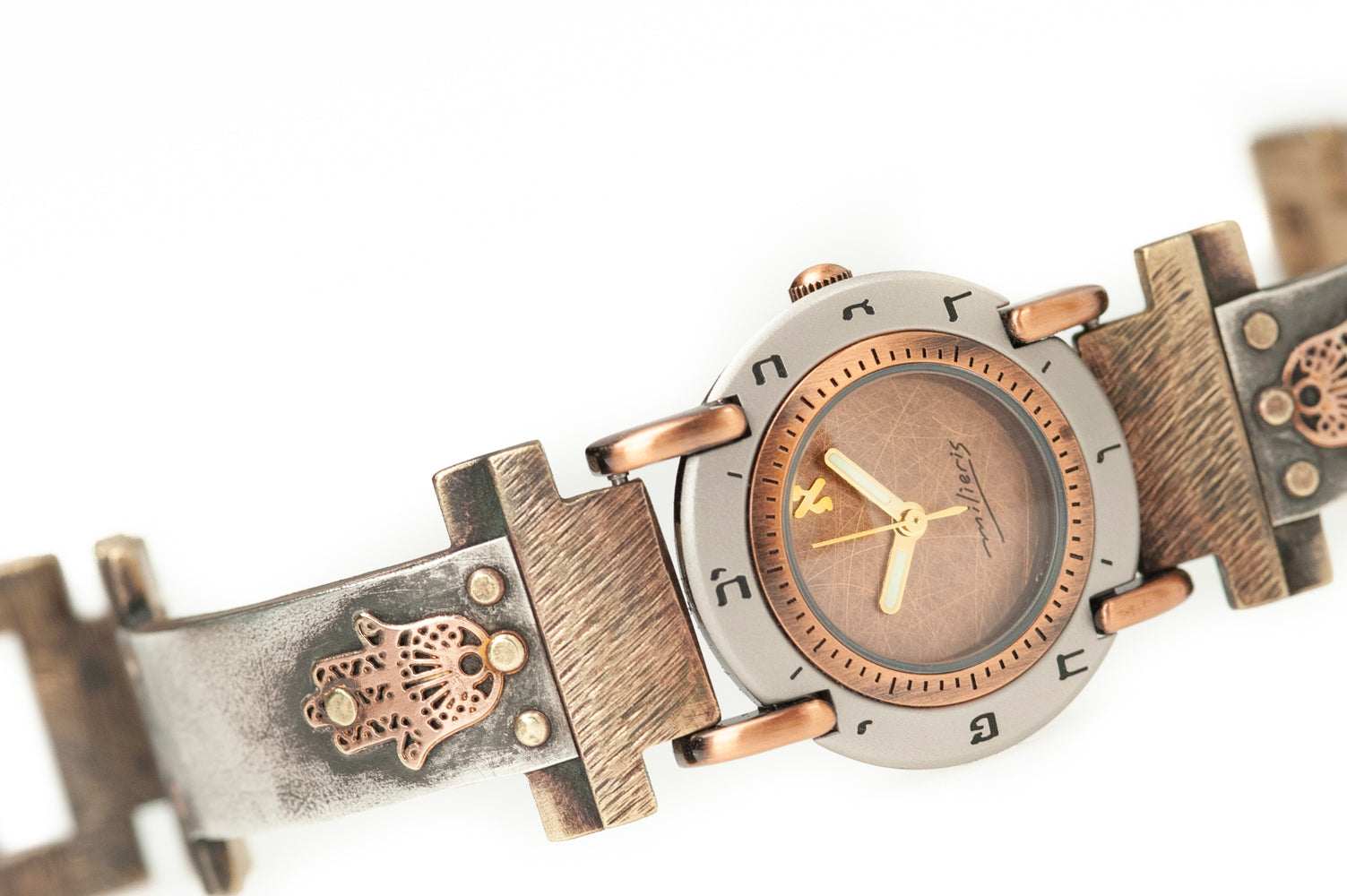 Close-up of brushed copper dial with Hebrew numerals – ALEPH Hamsa