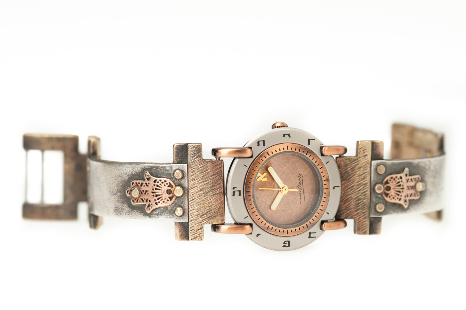 Handcrafted sterling silver watch with Hamsa symbols on adjustable silver band – ALEPH Hamsa