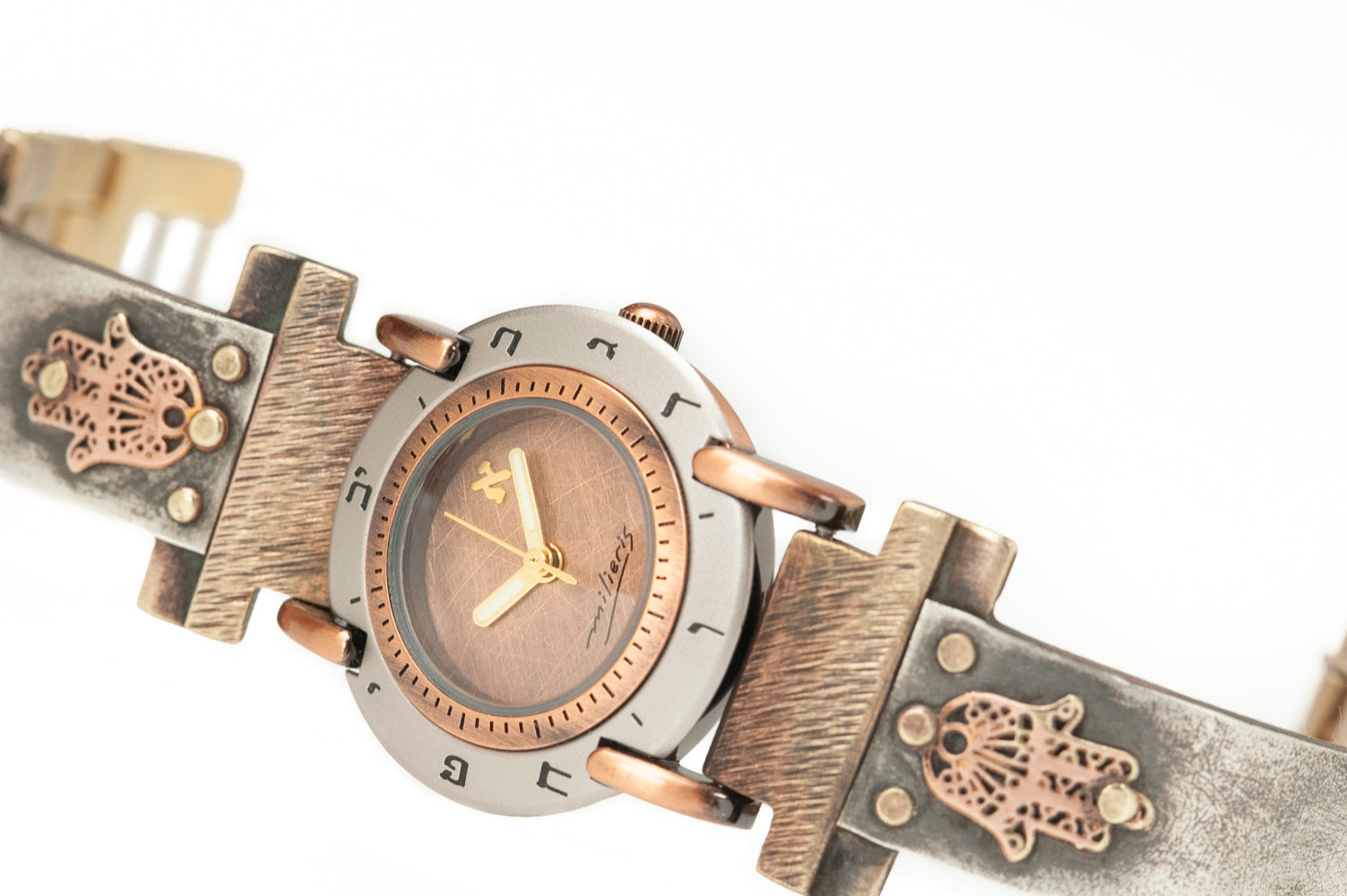 Artisanal silver watch with Hebrew numerals and copper face – ALEPH Hamsa