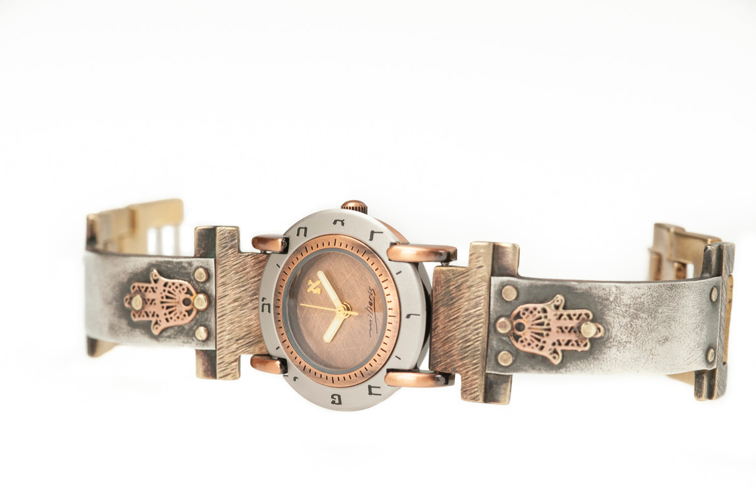 Handcrafted sterling silver watch with Hebrew numerals and brushed copper dial – ALEPH Hamsa