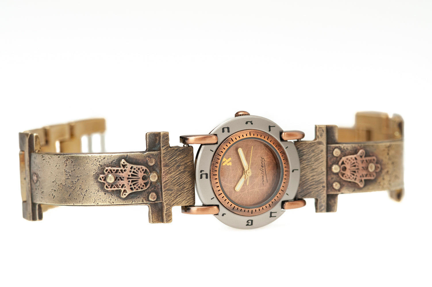 Handcrafted Hamsa watch. Brass band with brushed copper dial and Hebrew numerals – ALEPH Hamsa