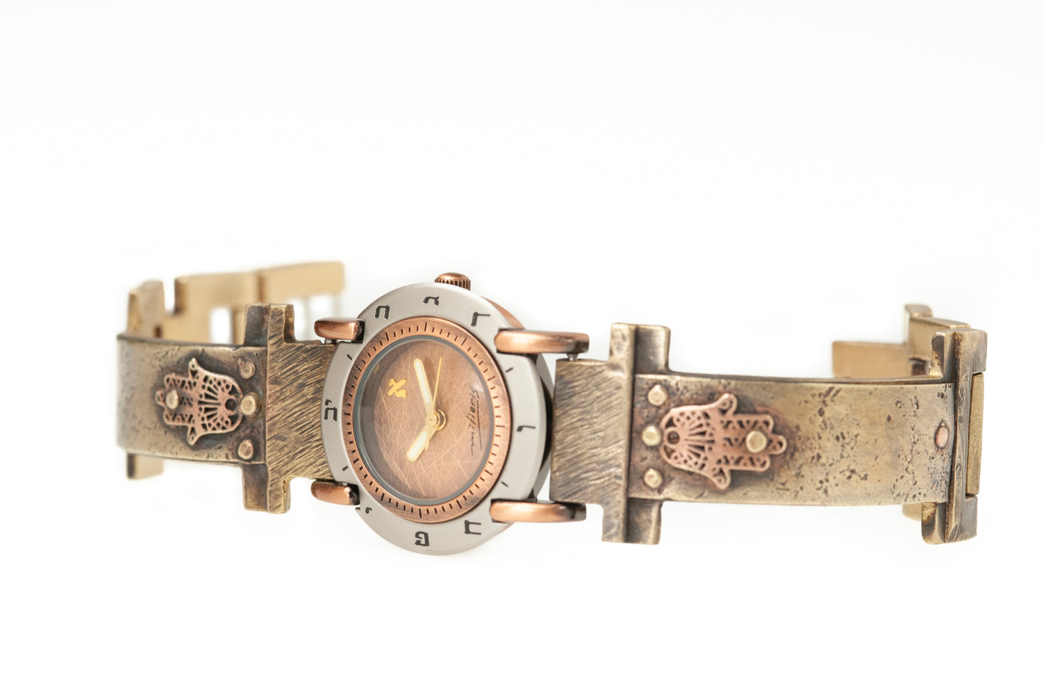 Side view of Hamsa talismans on handcrafted watch with brass band – ALEPH Hamsa