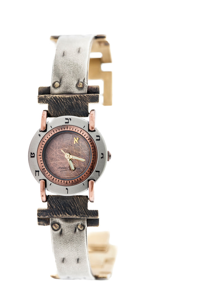 Handcrafted sterling silver watch featuring a brushed copper dial and Hebrew numerals. Note the Aleph on the dial - ALEPHS