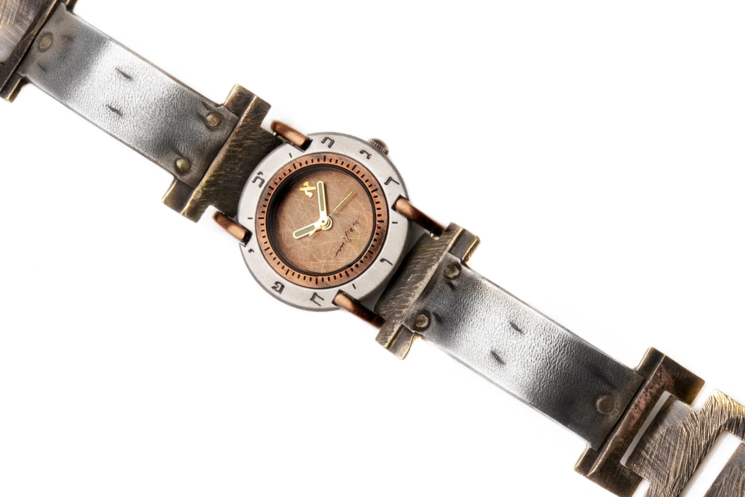 Sterling silver watch with brushed copper dial, Hebrew numerals, and textured narrow band. Close-up of dial and band - ALEPHS