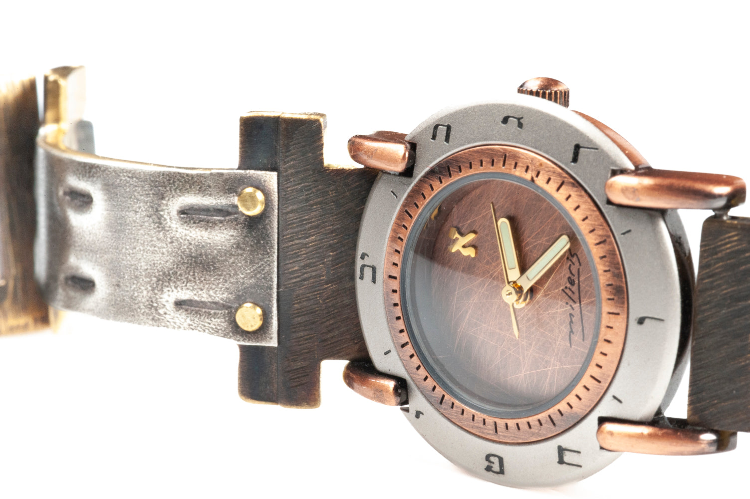 Close-up of brushed copper dial on sterling silver watch with Hebrew numerals – ALEPHS