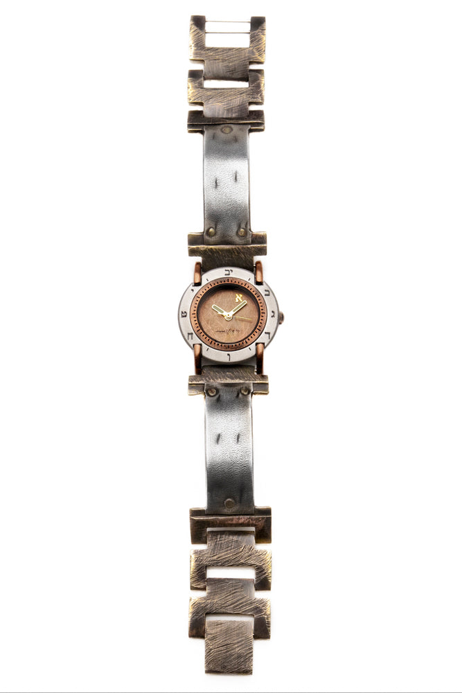 Handcrafted sterling silver watch featuring a brushed copper dial and Hebrew numerals - ALEPHS
