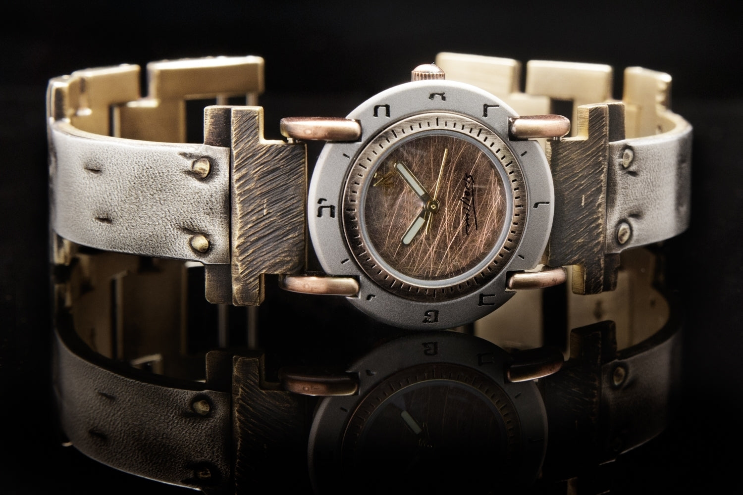 Sterling silver watch with brushed copper dial, Hebrew numerals, and textured narrow band - ALEPHS