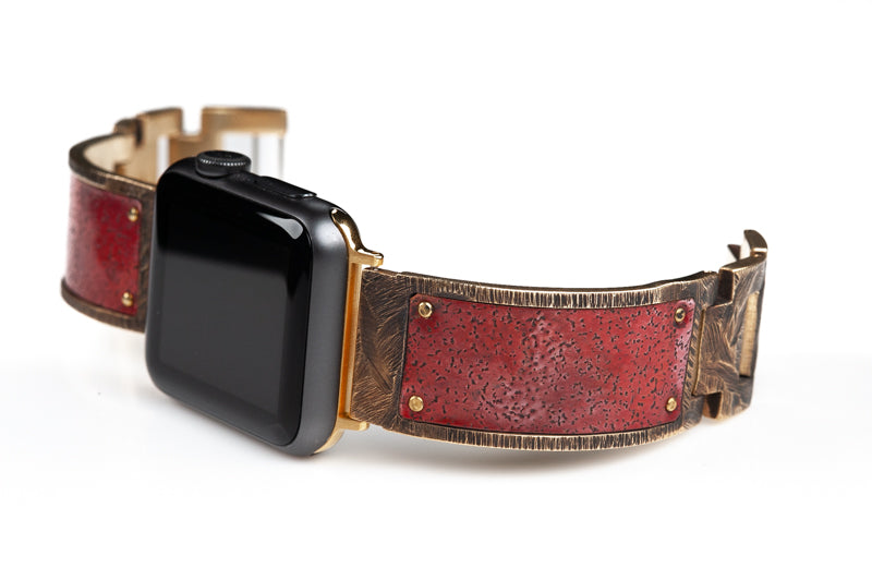 Viola Apple Watch band in textured red copper, facing left.